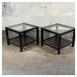 PAIR END TABLES | End/side tables, joined wood frames with inset glass tops and lower slatted shelve