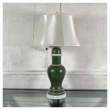GREEN BALUSTER FORM LAMP | A green ceramic baluster form vase with white rims and accents mounted as