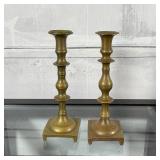 PAIR BRONZED CANDLESTICKS | Column form candle stick holders with square bases; approx. h. 9-3/4 in.