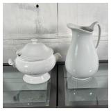 (2pc) WHITE CERAMIC SERVING PIECES | Including a lidded punch bowl or soup tureen (no spoon) and a J