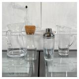 (4pc) MISC. GLASSWARE | Including a drink mixer with chrome lid, a carafe with cork stopper, and two