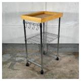 METRO RACK KITCHEN CART | Wooden tray top with medial shelf and a lower slideout shelf, on four cast