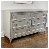 STONE & LEIGH SIX DRAWER CHEST | Gray painted dresser with two banks of three drawers with round pul