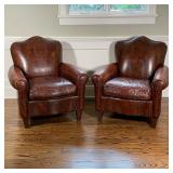PAIR LEATHERCRAFT CLUB CHAIRS | In overall brown alligator-print leather upholstery on wood feet, bo