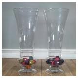 PAIR LARGE GLASS VASES | Monumental and tall! Decorative glass vases each with colorful yarn balls; 