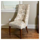 UPHOLSTERED SIDE CHAIR | High back slipper chair on wood legs, with tufted patterned fabric, appears