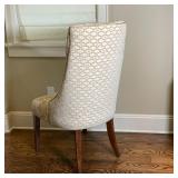 UPHOLSTERED SIDE CHAIR | High back slipper chair on wood legs, with tufted patterned fabric, appears