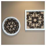 PAIR WALL DÉCOR | Decorative wall hangings, wrought iron swirling patterns within in white rustic pa