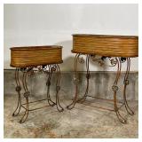 PAINTED METAL PLANT STANDS | A pair of copper tone trough-form planters on conforming wire frame sta