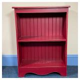RED PAINTED BOOKSHELF | With two large open shelves, can be used as an end table or night stand; h. 