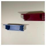 PAIR HANGING WALL SHELVES | Bracket wall shelves, one red, one blue; each h. 7 x w. 24 x d. 7 in. 