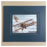 ALFRED SWLES DOG FIGHT PRINT | Print of a watercolor painting showing two airplanes, in a rustic blu