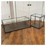 (2pc) STEEL & GLASS TABLES | A matching set with painted wood lower shelf and glass top with matte s