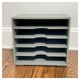 GROUP DESK ITEMS | Including a gray-painted five cubby file organizer, a cork board, and a white boa