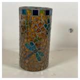 STAINED GLASS CANDLE HOLDER | Cylinder vase form candle holder with yellow / amber glass, decorated 