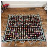 HAND KNIT THROW | Wool knit throw blanket with colorful design and light blue tassels; 57 x 47 in. 