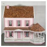 DOLLHOUSE & FURNITURE | Pink colonial dollhouse with shingle roof (h. 28 x w. 27 x d. 19 in.) with d