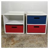 PAIR ITSO STORAGE BINS | With red and blue cloth bin inserts [one mising]; h. 15 x w. 15 x d. 15 in.