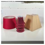 (6pc) LAMP SHADES | Including a set of 4 matching small shades in a dark burgundy color, a round red