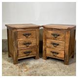 PAIR CUSTOM WOOD SIDE CABINETS | End tables or side tables, each with three drawers with wrought iro