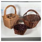 (3pc) MISC. BASKETS | Including a bottle carrying basket (h. 18 x w. 10 x d. 10 in.), a basket with 