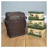 (4pc) COVERED BOXES | Including a woven basket / box with hinged lid and handles (h. 12 x w. 10 x d.