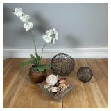 GROUP DECORATIVE ITEMS | Including a square glass bowl with wicker balls and organic décor (9 x 9 in