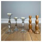 (5pc) CANDLE HOLDERS | Including a pair of Pottery Barn wood candlesticks made in the Philippines (h