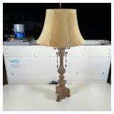 PAINTED METAL TABLE LAMP | Tripod base suspending decorative beaded chains; h. 33-1/2 x shade dia. 1