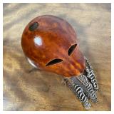 GOURD & FEATHER MASK | Tribal mask suspending feathers, with wire for wall hanging