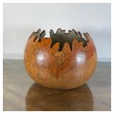 GOURD CENTER BOWL | With cut edge and burned/painted leaf motif, signed on the bottom