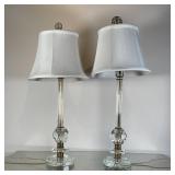 PAIR GLASS TABLE LAMPS | With Shou character finials and gilt metal accents to base