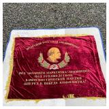 USSR LENIN FLAG | Soviet Union era flag of heavy red crushed velvet with gold tassels, with embroide