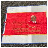 USSR SILK FLAG | Soviet Union era red silk flag with applied / printed decoration with state emblem 