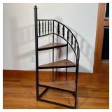 WROUGHT IRON LIBRARY STAIRS | Spiral library stairs, having three wood steps in a black wrought iron