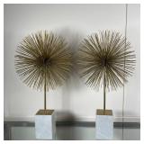 PAIR METAL & QUARTZ SCULPTURES | Gold painted metal abstract sprays, in a Bertoia-like style, on qua