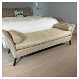 SHARON SOFA BENCH | Upholstered with Gretchen Bellinger "Channel Crossings" fabric, on splayed legs;