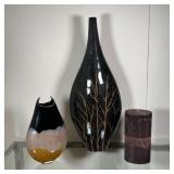 (3pc) VASES & CANDLE | Including a tall "Green Earth" vase with tree branch material / motif undergl