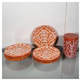 (8pc) POTTERY BARN PLATES | A set of 8 decorative orange and white plates by Pottery Barn; plus...