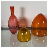 (3pc) ART GLASS VASES | Clear art glass vases, including 2 orange and 1 yellow vase, each signed...