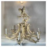 CARVED WOOD CHANDELIER | Carved lacquered / veneered wood, with a pagoda style top and a monkey...