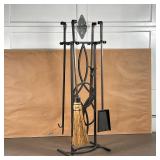 FIREPLACE EQUIPMENT SET | A set of tools, including a shovel, tongs, poker, and brush on a matching 