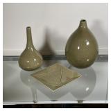 (3pc) CHRISTIAN TORTA DÉCOR | Sage green porcelain home décor by Christian Torta, Paris, including a