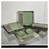 (12pc) JAPANESE DISH SET | Celadon green and brown glazed ceramic dish set, comprising 5 square...