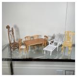 (8pc) GROUP MINIATURE WOOD CHAIRS | Including a white painted outdoor lounge chair, a table with fou