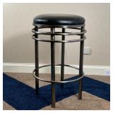 CHROME & LEATHER BARSTOOL | Single round barstool with a round black leather upholstered seat over a
