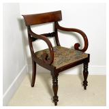 NEEDLEPOINT ARMCHAIR | Nicely figured wood, having scrolled arms over turned front legs and splayed 