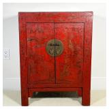 CHINESE LACQUER CABINET | Red lacquer, brass hardware, interior black painted; 31 x 23 x 15 in. 