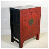 CHINESE LACQUER CABINET | Red lacquer, brass hardware, interior black painted; 31 x 23 x 15 in. 