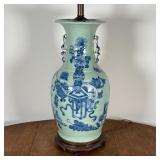 BLUE PAINTED CELADON LAMP | With flower pots and other decorations on a celadon color background